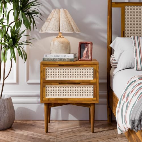 Bme Oliver Solid Wood Rattan Nightstand, Bohemian & Mid Century, Caramel