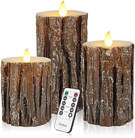 Vinkor Flameless Candles Battery Operated Candles Real Wax Pillar LED Candles with 10-Key Remote and Cycling 24 Hours Timer (Birch Effect 4" 5" 6")