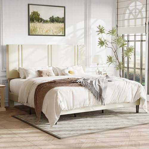 Allewie King Size Platform Bed Frame with Velvet Upholstered Headboard