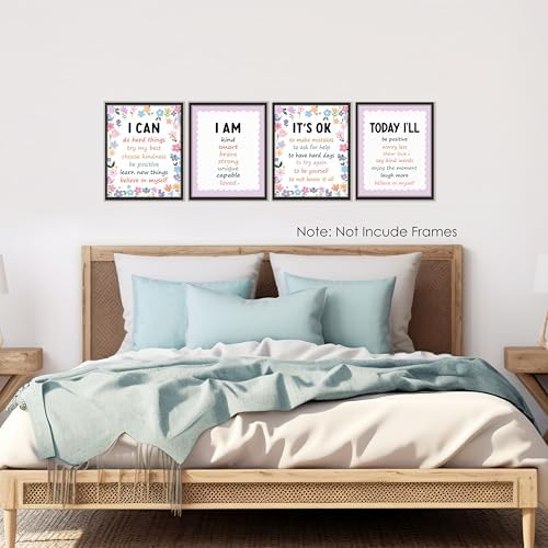BESERH Boho Floral Positive Affirmation Wall Decor, Inspirational Motivational Quote Wall Art Prints Posters for Classroom Kids Room Nursery Playroom, 8x10 Inches Set of 4 Unframed
