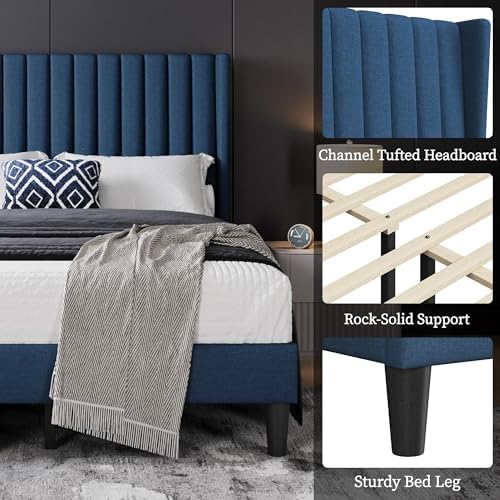 Yaheetech Full Bed Frame with Headboard, Navy Blue Channel-Tufted Platform