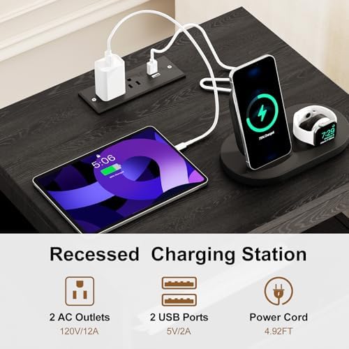 Bedroom Nightstand with Charging Station, Side Table with 2 Drawers,Sofa End Table Living Room with Wheels for Living Room Bedroom Office(Black)