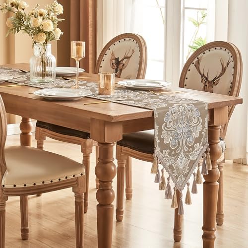 Loom and Mill Damask Floral Table Runner 72 Inches Long, Light Coffee