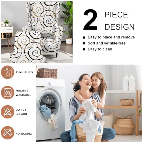 HAOYONG 2 Piece Wingback Chair Covers Stretch Wing Chair Slipcover Printed Wing Back Chair Covers with Arms Washable Spandex Fabric Armchair Cover Protection Furniture for Living Room and Bedroom