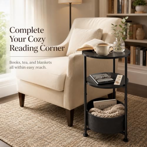 3-Tier Small Round Side Table with Storage Basket, Black