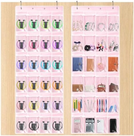 VZZNN 2 Pack Classroom Headphone Storage Organizer, Over The Door Hanging Pocket Chart with 24 Clear PVC Pockets & Metal Hooks, Headphone Holder Bag for School, Office, Dorm, Home Organization