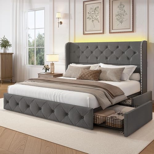 LARMACE Queen Size Bed Frame with LED Lights and 4 Storage Drawers Linen Upholstered Platform Bed Frame with 47.2" Tall Tufted Headboard Wingback, No Box Spring Needed, Easy to Assemble, Grey