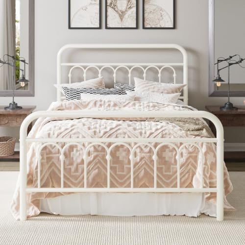 Allewie Full Size Metal Platform Bed Frame with Headboard, Cream