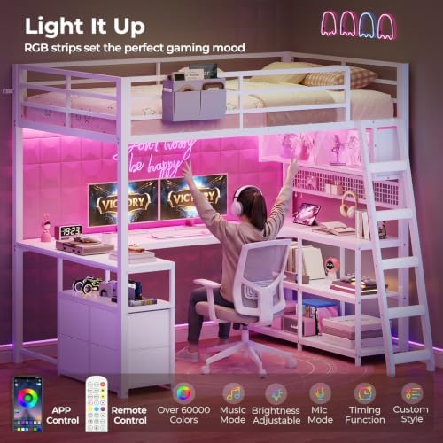 ADORNEVE Gaming Loft Bed Twin Size with U-Shaped Desk & RGB Cabinet, White