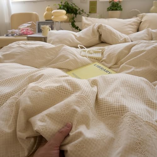 LifeTB Tan Gingham Duvet Cover Queen 3 Pieces Romantic Lace Duvet Cover Vintage Plaid Checkered Comforter Cover with 2 Pillowcases Soft Microfiber Beige Tan Grid Farmhouse Plaid Bedding Set