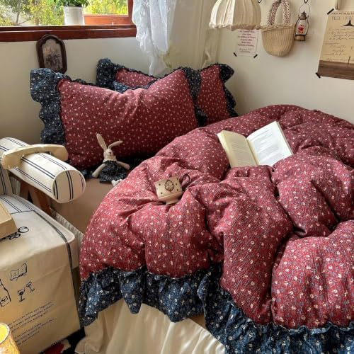 Twin Size Duvet Cover Set 3 Pcs,Vintage Red Ruffled Bedding 68"×86"
