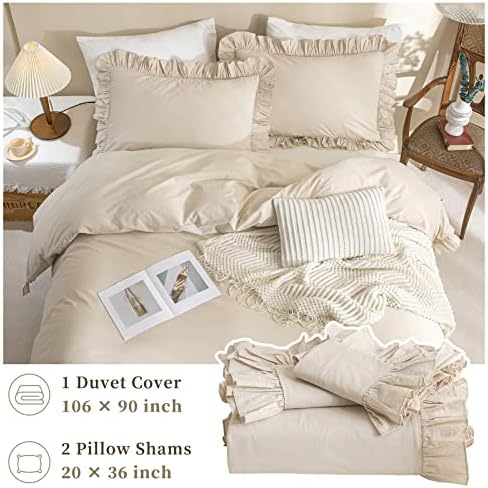 Washed Cotton Duvet Cover King Ruffle Duvet Cover Linen Feel Textured Farmhouse Shabby Vintage Chic Bedding Comforter Cover 3 Pieces Aesthetic Elegant King Bedding