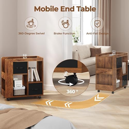 Yaheetech Narrow End Table Storage Drawer Rolling Shelves, Rustic Brown