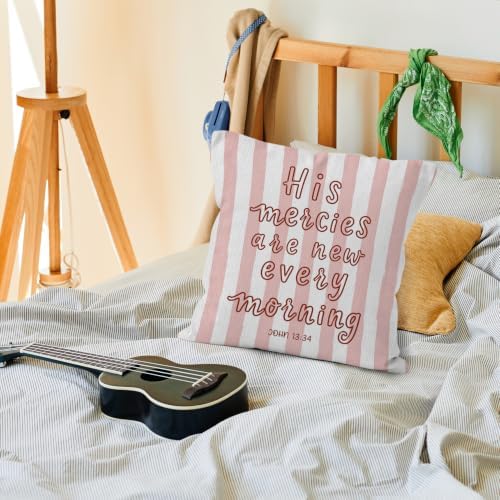 Preppy Pink Striped Christian Bible Verse Throw Pillow Cover 18x18