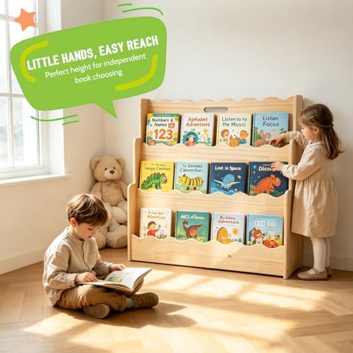 LINMAGCO Scalloped Kids Bookshelf, 3-Tier Montessori Toddler Bookcase, Front-Facing Book Organizer with Handle, Solid Pine Wood, Nursery Book Shelves for Bedroom Playroom Classroom & Reading Corner