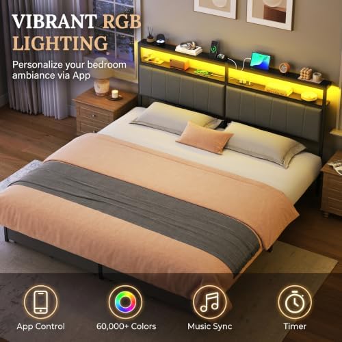 King Bed Frame with Storage Drawers and Charging Station, Grey