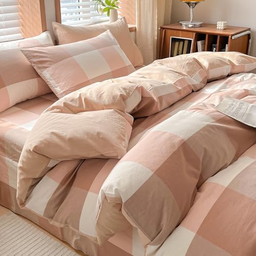 Pink Buffalo Plaid Duvet Cover Set TwinXL Size 100% Washed Cotton Zipper Bedding Set 3 Piece, Soft Breathable Checkered Comforter Cover and 2 Pillowcases, Vintage Farmhouse Kids Bedding Duvet Cover