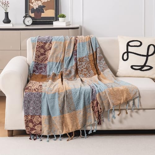 Boho Chenille Throw Blanket, Bohemian Jacquard Tassels Cover for Couch Bed, Decorative Sofa Slipcover Protector - Colorful Tribal Pattern (Vintage, 86 * 102 in)