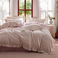 HighBuy Muslin Duvet Cover Queen Vintage Pink Floral Ruffle Lace Coquette Bedding Set French Gauze Textured Soft Breathable Farmhouse Bedding with Zipper Closure & 4 Corner Ties