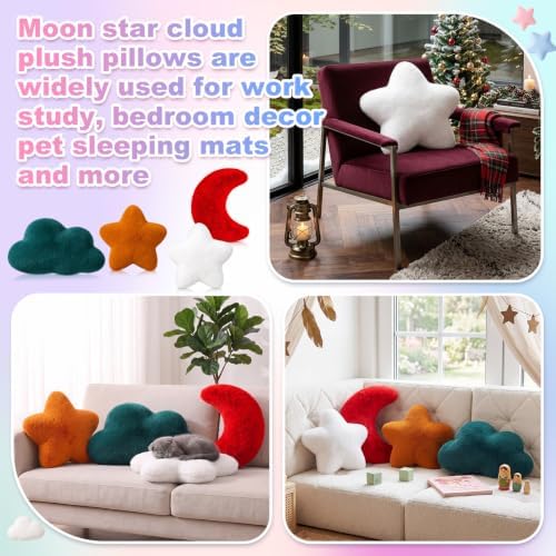 4 Pcs Plush Cloud Star Moon Throw Pillow Set, Brown, Burgundy, White, Green