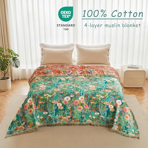 Boho Throw Blanket - 100% Cotton Soft Green Blankets for Bed 60"x80"