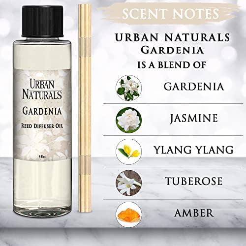 Urban Naturals Gardenia Scented Oil Reed Diffuser Refill | Includes a Free Set of Reed Sticks! Jasmine, Ylang Ylang, Tuberose & Amber Notes | 4 oz