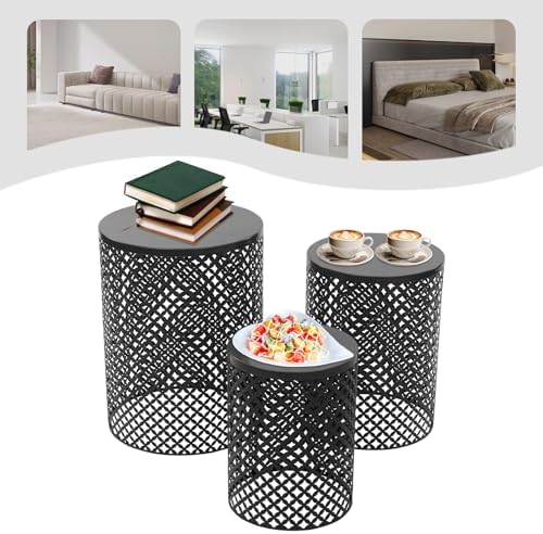 Metal Frame Accent Table,Cylindrical Outdoor Side Table,Decorative Garden Stool,Set of 3 Nesting Side Table,Modern Decorative Garden Stool for Patio Balconies Cafes Parks (3, Black)