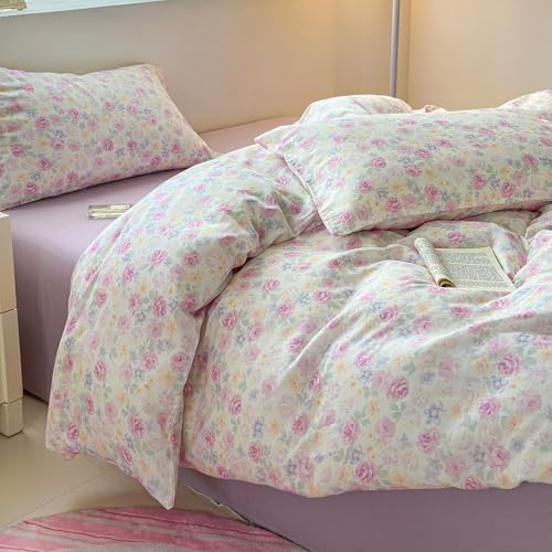 Floral Twin Bed Duvet Cover Boho Pattern Comforter Cover Twin Cotton Double Gauze Cottage Zipper Duvet Cover Set with 2 Pillowcases Flower Farmhouse Bedding Set for Girls Duvet Protector