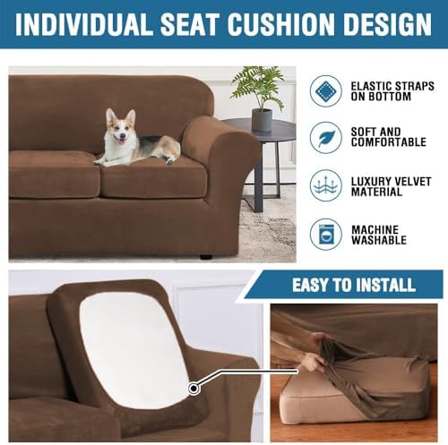 H.VERSAILTEX Rich Velvet Stretch 2 Piece Cover Chair Slipcover Sofa Cover Furniture Protector Couch Soft with Elastic Bottom Chair Couch Cover with Arms Width Up to 49 Inch(Chair, Caramel Cafe)