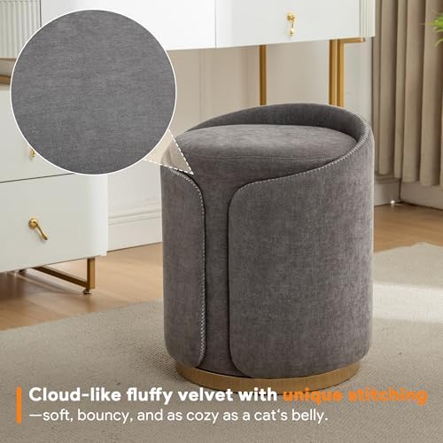 Swivel Vanity Stool with Gold Base Comfy Vanity Chair Modern Round Stool for Makeup Vanity Ottoman Foot Rest for Bedroom livingroom (Dark Gray)