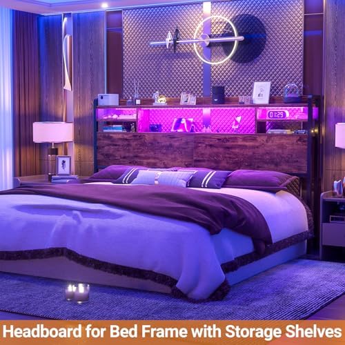Aheaplus Headboard for King Size Bed with Storage and Outlets, Rustic Brown