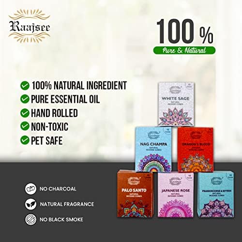 Raajsee Natural Incense Cones,6 Pack Mixed Scents Gift Pack 15 pc Each (90 Total), Insense Cones Variety Pack, 100% Organic Non Toxic Natural - Hand Rolled Free from Chemicals (Pack 1)