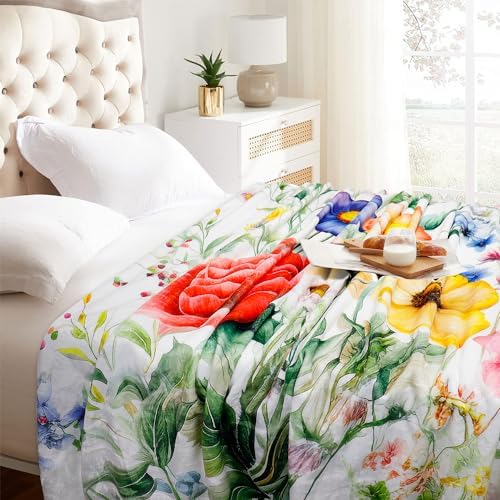Floral Blanket Vintage Flowers Blankets Butterfly Wildflowers Throw Blanket Soft Cozy Flannel Fleece Throw Blanket Colorful Daisy Plants Bed Blanket for Couch Sofa, 50"×60"