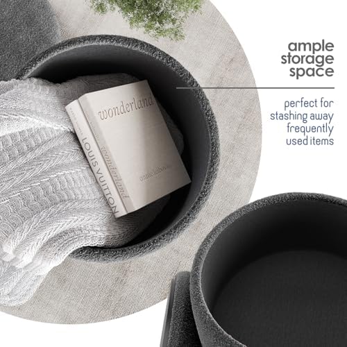 Round Ottoman with Storage, Boucle Storage Ottoman, Foot Stool Ottomans, Makeup Vanity Stool, Small Ottomans Foot Rest, Modern Vanity Stools for Living Room and Bedroom, Grey