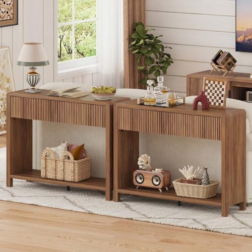 FATORRI Console Table with Storage, Mid-Century Farmhouse Entryway Table with Drawers and Shelf, 39.37 inch Wood Sofa Tables Behind Couch for Living Room, Hallway, Kitchen, Foyer (Walnut)