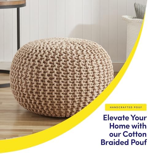 Pouf Ottoman Foot Rest Stuffed – 20” Diameter x 14” Tall Cozy Floor Pouf for Living Room, Bedroom, Nursery & More – 100% Cotton Knit Shell, EPS Bead Filled Footrest & Accent Chair, Taupe