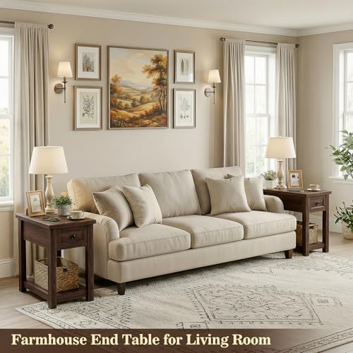 Farmhouse Narrow End Table with Charging Station for Couch, 13.8" Wide