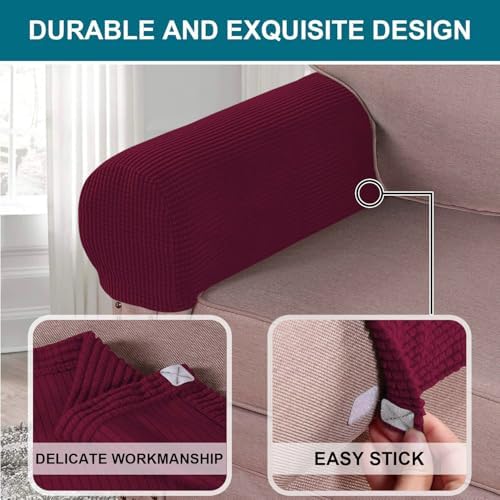 Turquoize Stretch Armrest Covers for Chairs and Sofas Couch Arm Covers for Sofa Spandex Jacquard Armrest Cover Anti-Slip Furniture Protector Armchair Slipcovers for Recliner Set of 2,Burgundy