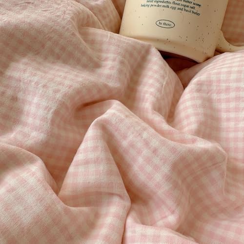 Pink Plaid Duvet Cover with White Lace Twin XL(68"x90"),Pink Gingham