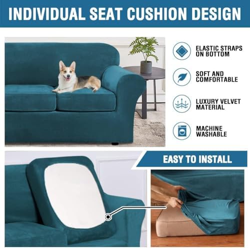 H.VERSAILTEX High Stretch Sofa Slipcover 4 Piece Cover Velvet Furniture Protector Form Fit Thick Velvet Extra Large Sofa Cover for 3 Cushion Couch Width Up to 97 Inch (Large Sofa, Peacock Blue)