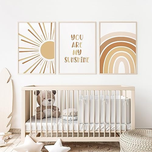 Baccone Boho Nursery Wall Art Baby Girl Wall Decor Kids Rainbow Canvas Wall Art You Are My Sunshine Pictures Toddler Sun Prints Nursery Artwork for Room Bedroom Set of 3 16x24 Inch Unframed