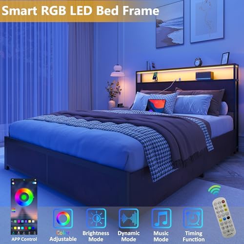 Lifezone Full Bed Frame with 2-Tier Storage Headboard, Metal Platform Bed Frame with 4 Storage Drawers, Built in Charging Station & LED, Noise-Free/Metal Support/No Box Spring Needed, Coffee Brown