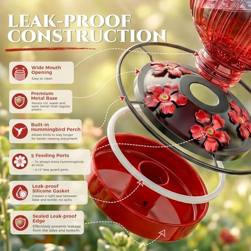 Glass Hummingbird Feeder for Outdoors Hanging, 26 fl oz Bird Nectar Feeder