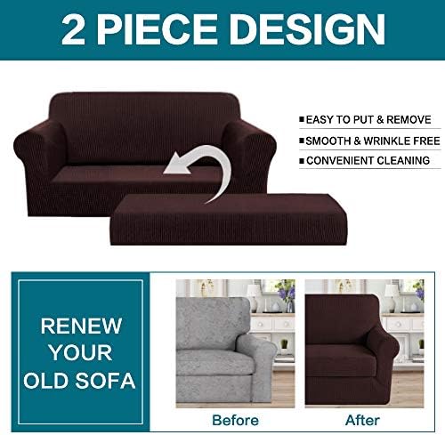 Turquoize Stretch Sofa Slipcover 2 Pieces Sofa Cover Couch Cover for 2 Cushion Couch Washable Furniture Protector Covers with Elastic Bottom Feature Thick Jacquard Fabric (Loveseat, Brown)