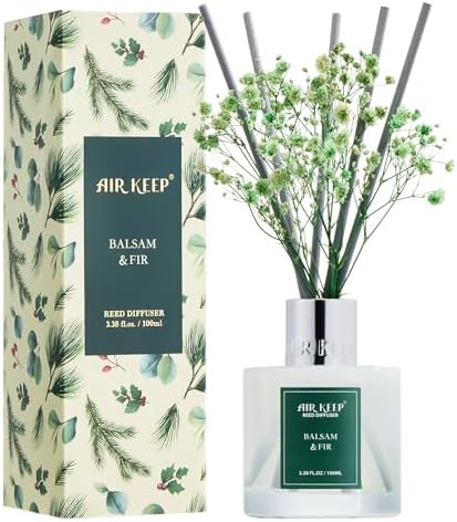 Airkeep Reed Diffuser Set,3.38 fl oz (100 ml) - Balsam & Fir Oil Diffusers with 8 Reed Sticks,Home Fragrance Reed Diffuser for Bathroom Shelf Decor Winter Fragrance