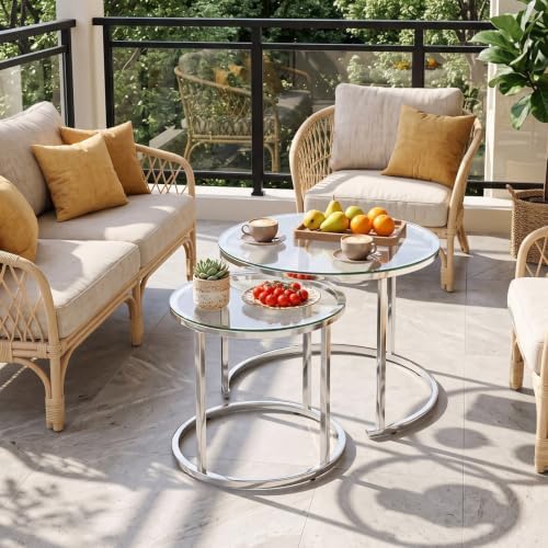 aboxoo Nesting Table Glass Coffee Table for Living Room,Silver Glass Table