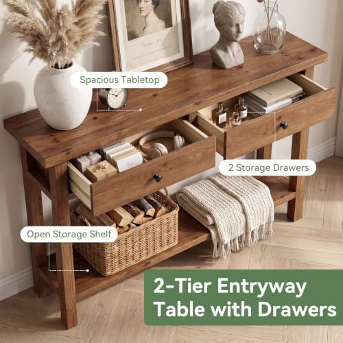 Solid Wood Entryway Table, Console Table with 2 Drawers and Storage Shelf, Narrow Farmhouse Sofa Console Behind the Couch for Hallway, Living Room, Foyer