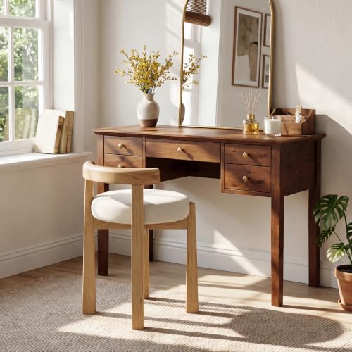 Wood Vanity Stool with Faux Wool Cushion, Upholstered Makeup Chair with Solid Wood Frame, Round Vanity Stool Seat for Makeup Room, Bedroom, Living Room, 20-Minute Assembly, Oak
