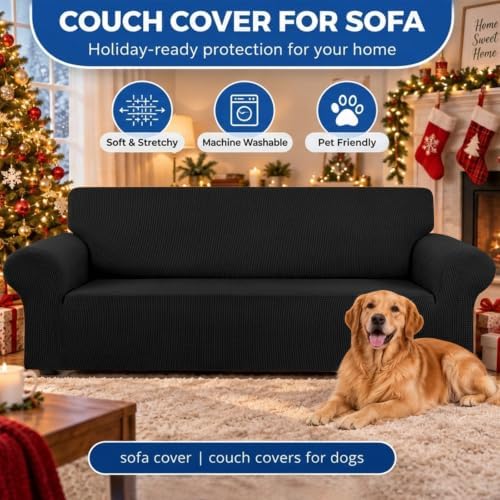 KEKUOU Stretch Couch Covers for Sofa, 3 Cushion Couch Slipcover,Black