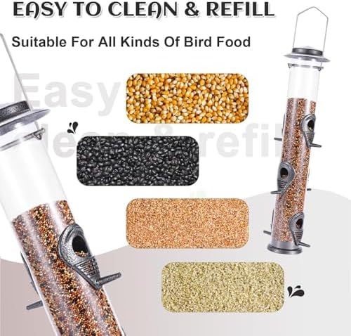 MIXXIDEA 2PK Metal Bird Feeders with 6 Feeding Ports,Tube Bird Feeder with Steel Hanger,Hard Plastic Wild Bird Feeder for Outdoors Hanging, Attracting Birds in Your Lawn, Garden, Balcony (Grey)